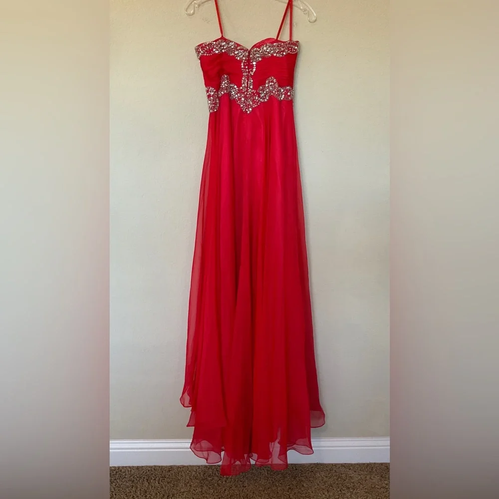 Mac Duggal Strapless Red Gown with Silver Detailing - Picture 7 of 16